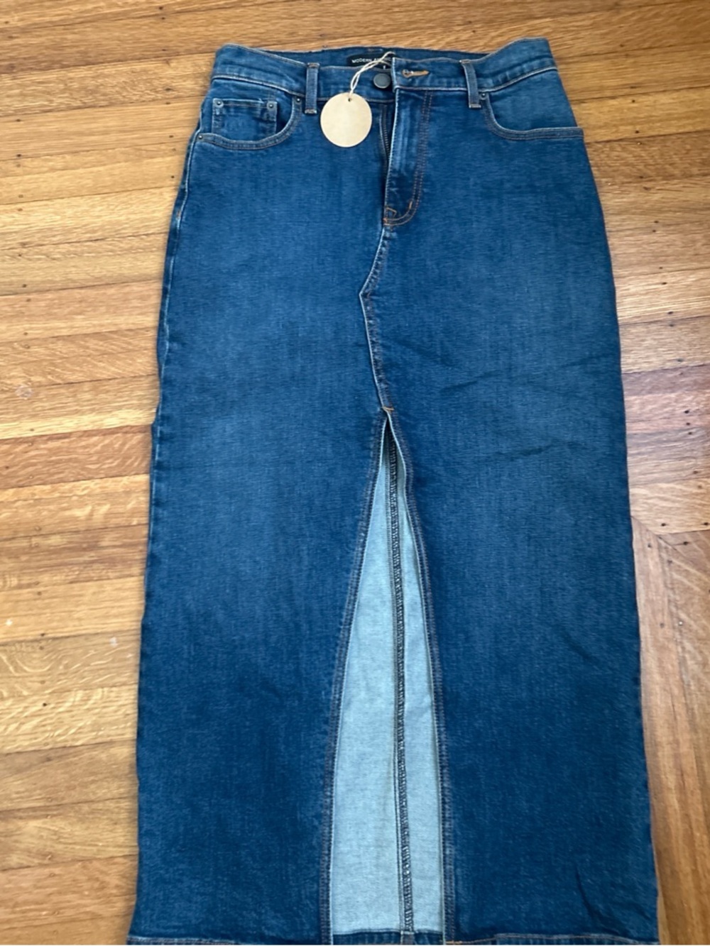 High-Rise Dark Blue Denim Midi Skirt with Front Slit